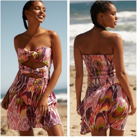 NWT By Anthropologie Purple Motif Strapless Reversible Smocked Mini Dress - Picture 1 of 9